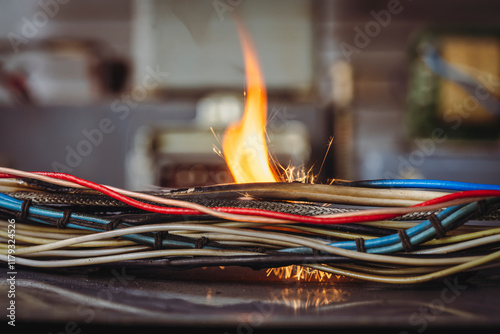 Flames, sparks, smoke between electrical cables, closeup. Short circuit in the twisted wires from the electrical devices, fire hazard concept