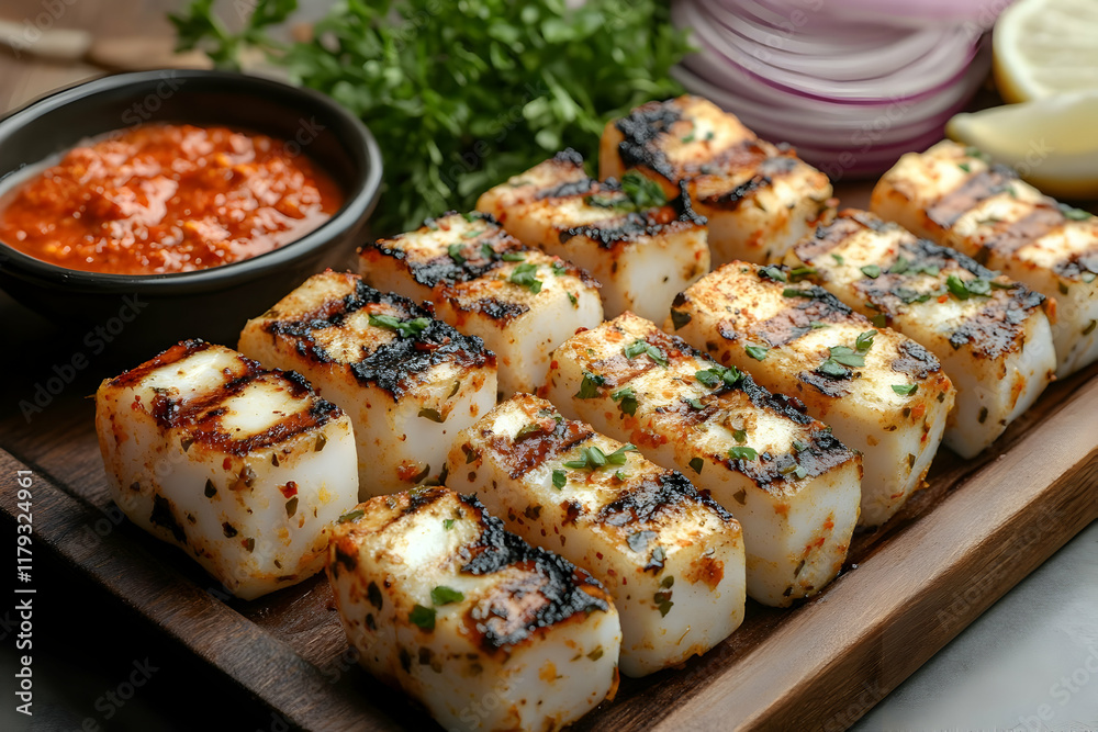 Grilled squid cubes with red sauce, parsley, onion, and lemon on wooden board. Grilled squid cubes with red sauce, parsley, onion, and lemon on wooden board.