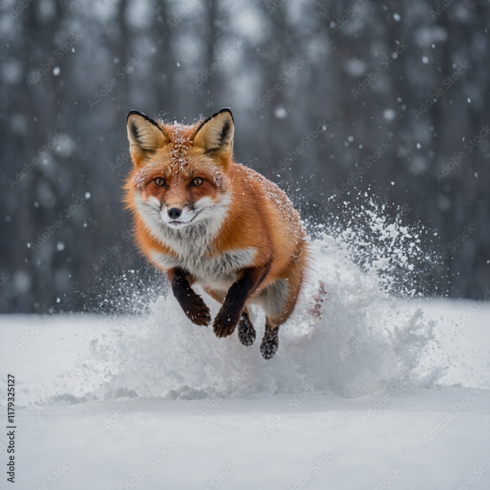 A red fox jumping in fresh snow during winter.