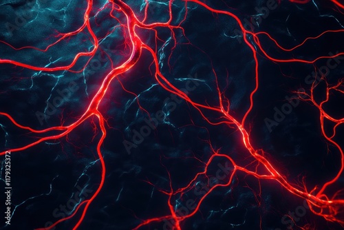 Abstract red veins on dark blue background.