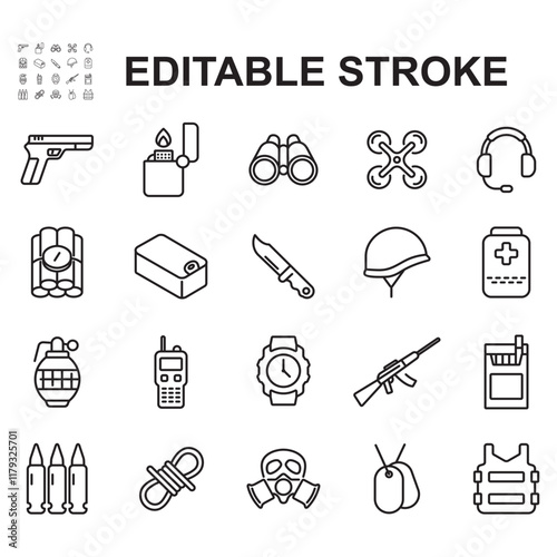 Set of army related icons. Icons of various war equipment. Thin line vector.