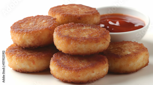 Crispy golden-brown potato cakes served with a side of ketchup. photo