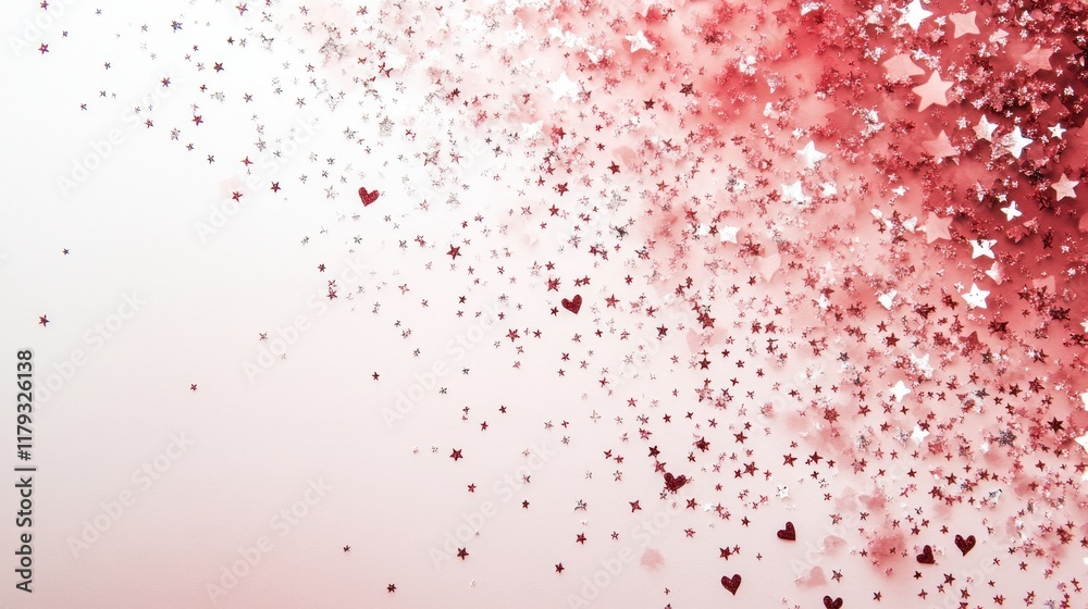 Red and silver glitter hearts and stars on white background. Red and silver glitter hearts and stars on white background.