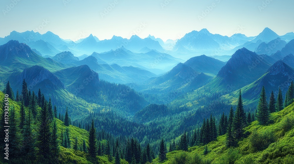 Fototapeta premium Serene mountain landscape with lush greenery and distant peaks under a soft blue sky.