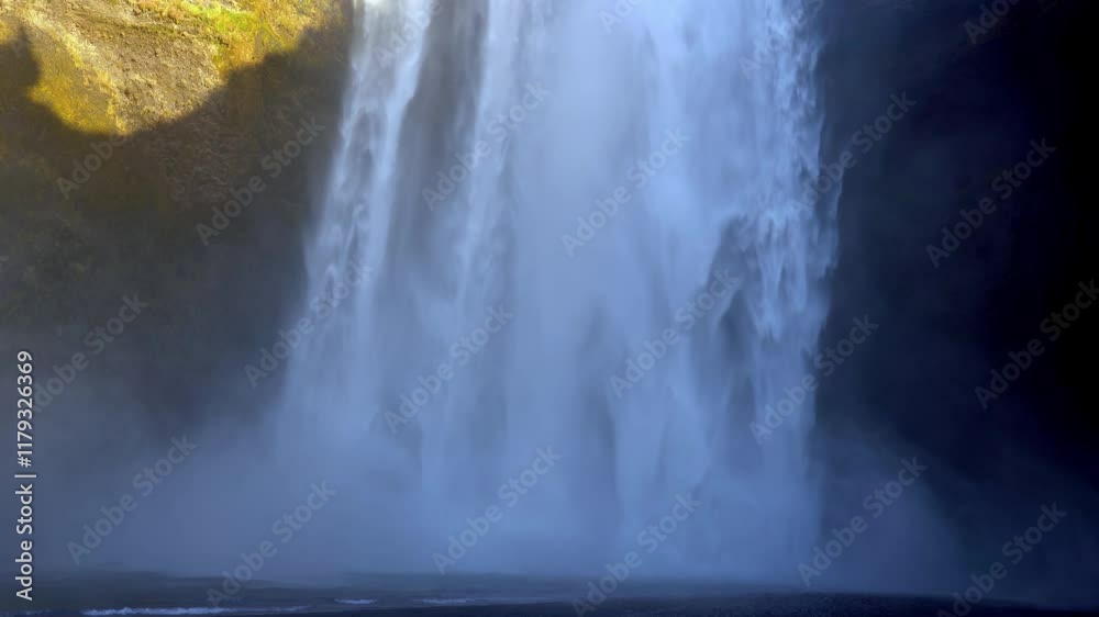 Famous Skogafoss waterfall with a rainbow.  Majestic waterfall in countryside with colorful sky.
Skogafoss waterfall tilt cascading down a cliff into a valley, Southern Region, Iceland.