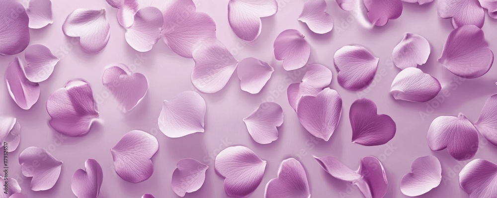 Lavender petals arranged in heart shapes on a soft pink background. Lavender petals arranged in heart shapes on a soft pink background.