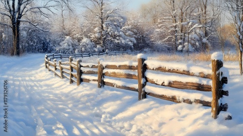 A close-up of snow softly piling on wooden fence posts in a winter landscape. photo