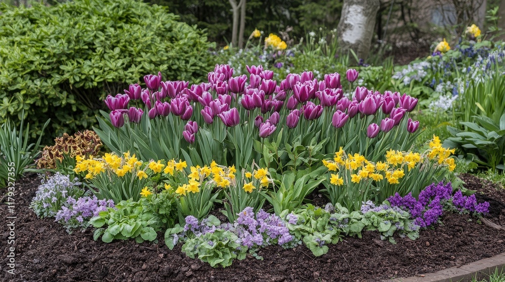 Fototapeta premium spring flowers, featuring pink tulips, yellow daffodils, and purple hyacinths, adding a burst of color to the garden as spring unfolds
