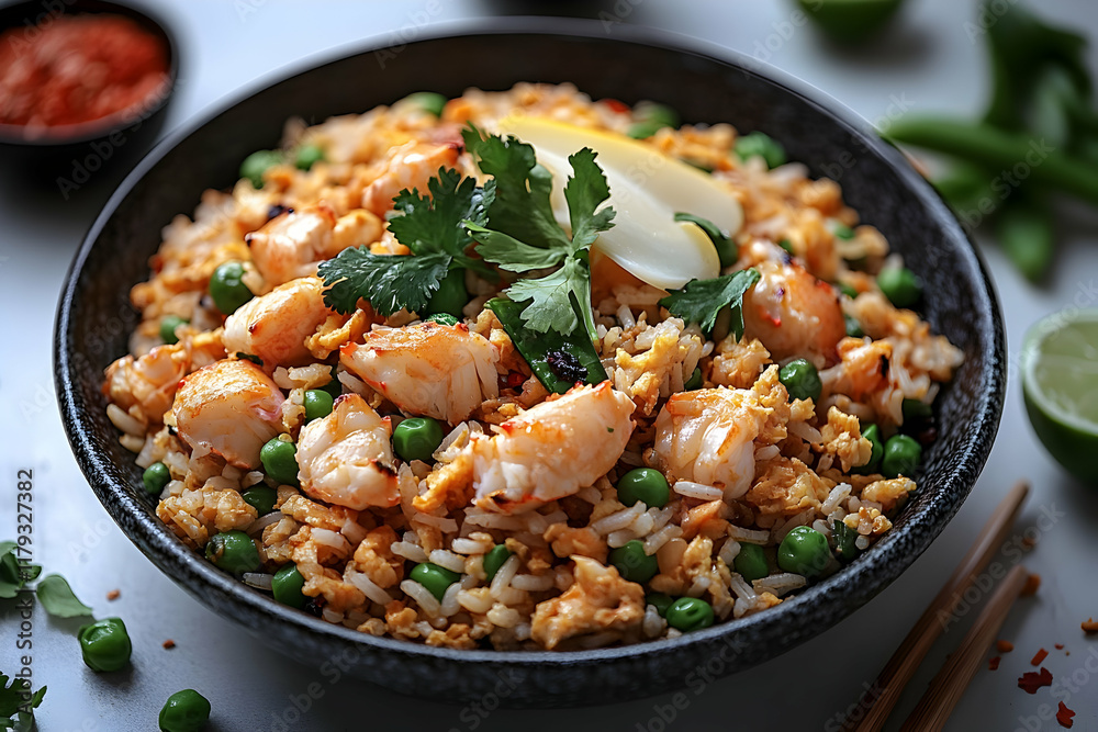 Delicious seafood fried rice with peas, egg, and cilantro in a dark bowl. Delicious seafood fried rice with peas, egg, and cilantro in a dark bowl.