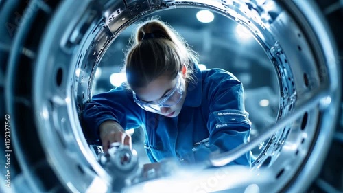 Skilled Female Aircraft Engineer Assembling Complex Machinery in a Modern Aerospace Manufacturing Factory