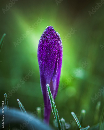 Purple iris flower in bud, covered in dew against a green background