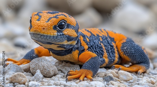 A brightly colored gila monster lizard stands out on rocky ground, displaying its distinctive patterns. photo