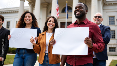 Smiling multiracial group holding blank signs in front of a government building, concept of activism and public demonstration, suitable for Marijuana Awareness Month