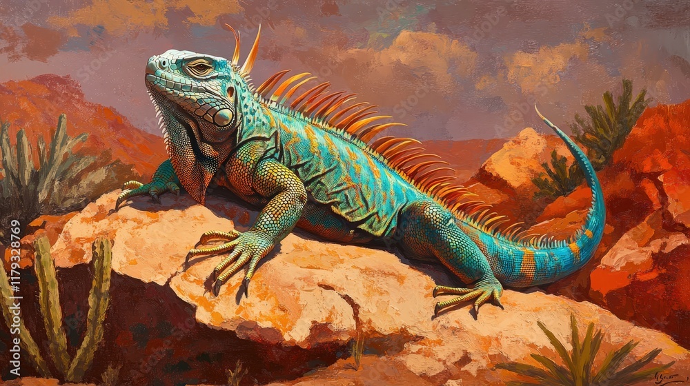 colorful desert iguana suns itself on a warm rock, blending with the arid environment. colorful desert iguana suns itself on a warm rock, blending with the arid environment.