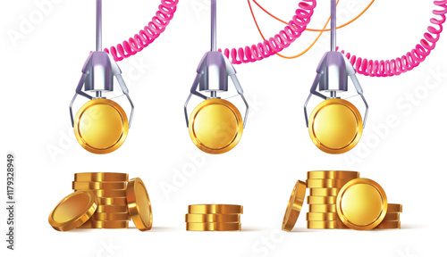 3d crane machine, claw machine, slot machine. Raises gold coins. Winning money. Coin front view. Realistic design. Vector illustration