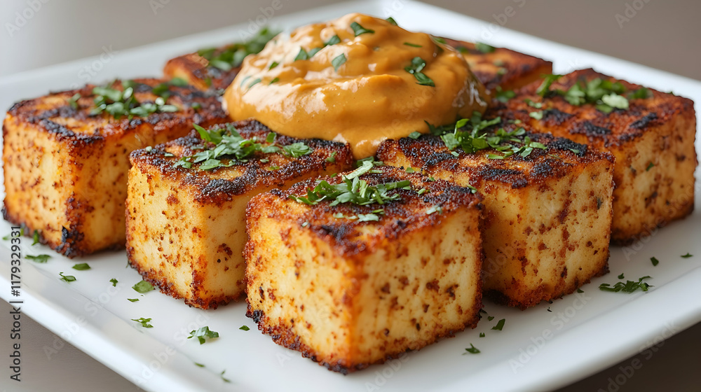 Roasted tofu cubes with a creamy sauce and parsley garnish on a white plate. Roasted tofu cubes with a creamy sauce and parsley garnish on a white plate.
