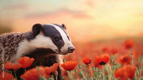 Adorable badger in poppy field nature illustration sunset view photo