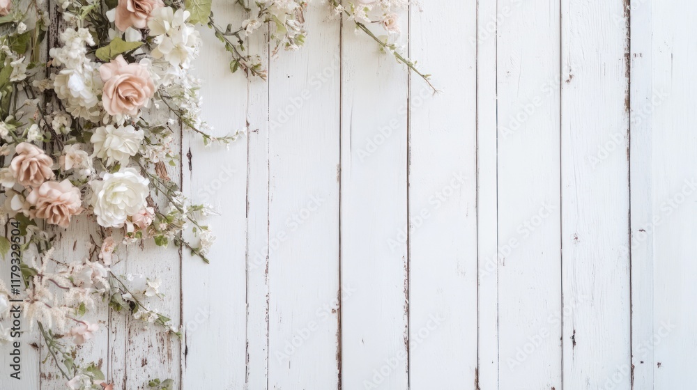 Fototapeta premium Peach and white roses cascading on rustic white wood background.