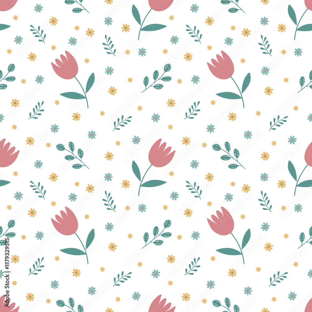 Fototapeta premium Seamless spring pattern with tulips, yellow daisies and green twigs on a white background