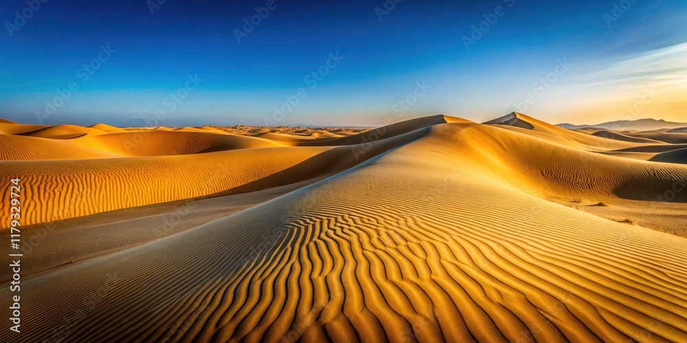 Naklejka premium Serene Minimalist Golden Desert Landscape with Endless Horizons and Soft Sand Dunes, Perfect for Tranquil Backgrounds and Nature Inspired Designs