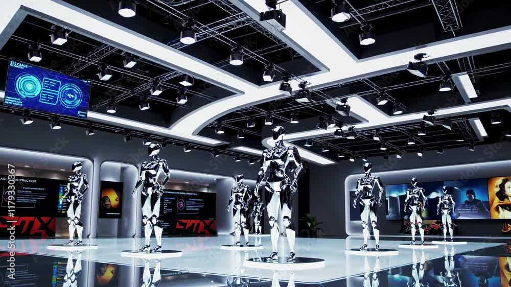 Advanced robotics showcase featuring humanoid designs and interactive displays in a modern exhibition space