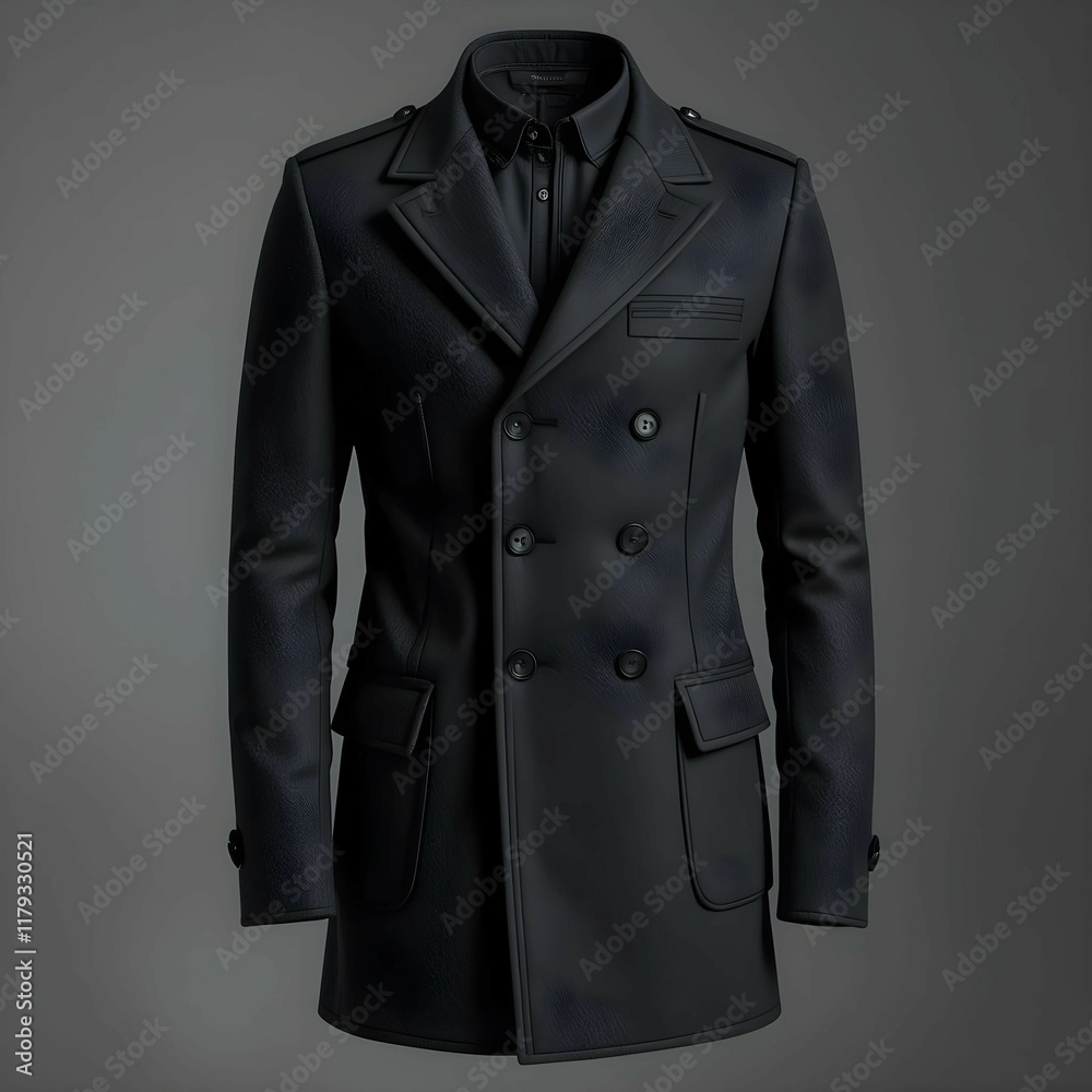 This is an elegant double-breasted black coat with a structured silhouette epaulets on the shoulders and buttoned cuffs. It features a sharp collar and a tailored fit, ideal for formal or semi-formal This is an elegant double-breasted black coat with a structured silhouette epaulets on the shoulders and buttoned cuffs. It features a sharp collar and a tailored fit, ideal for formal or semi-formal