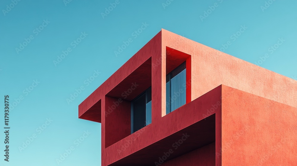 Red modern architecture building exterior against a clear blue sky. Red modern architecture building exterior against a clear blue sky.
