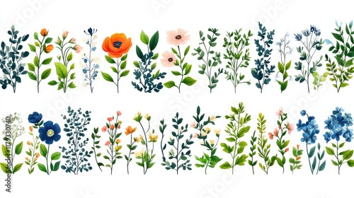Collection of watercolor-style floral elements, including flowers and foliage, isolated on white.