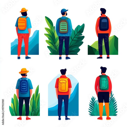 Six animated characters with backpacks stand against vibrant nature backgrounds, showcasing different styles and outdoor adventure themes. photo