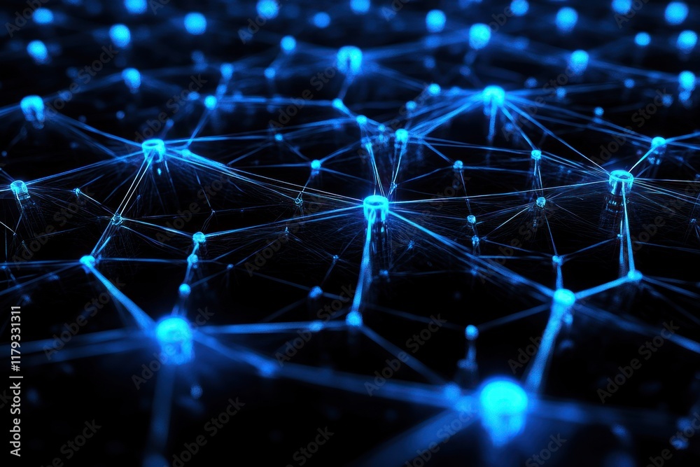 Fototapeta premium Abstract blue glowing network nodes and connections on black background.