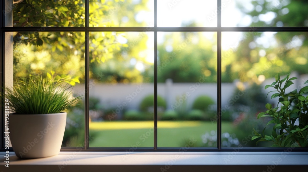 Naklejka premium Sunlit windowsill with potted plants, overlooking a lush green garden.