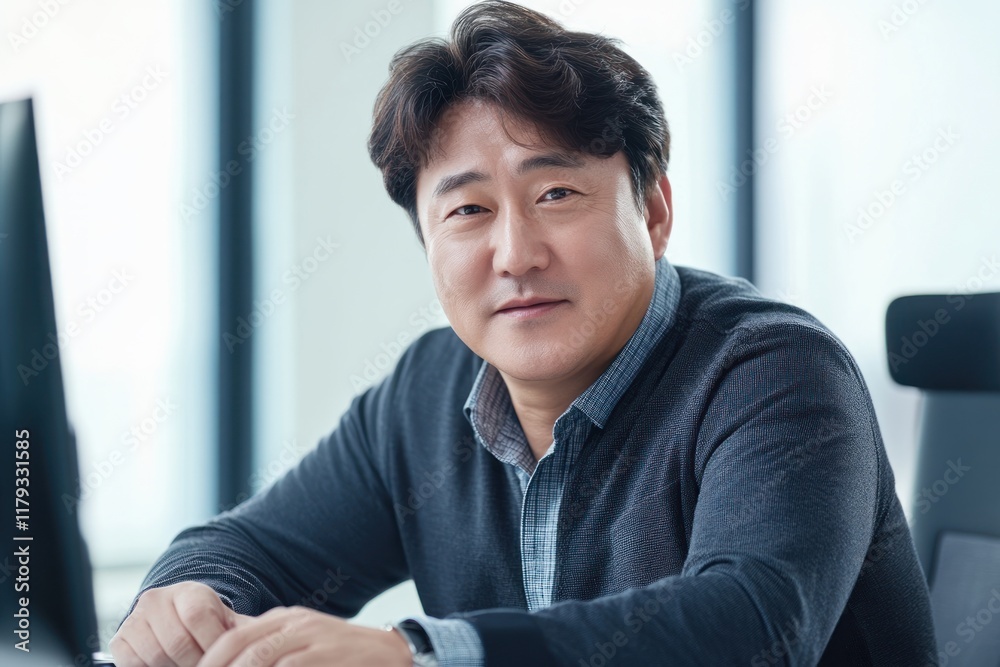 Confident middle-aged Asian man sitting at desk in office, looking at camera. Confident middle-aged Asian man sitting at desk in office, looking at camera.