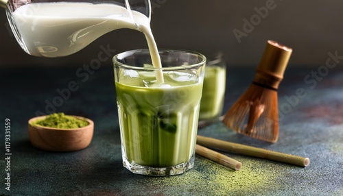 soy milk pouring in matcha ice tea healthy vegan drink photo