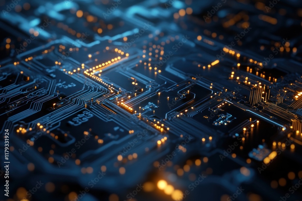 Close-up of illuminated circuit board, intricate pathways and glowing connections. Close-up of illuminated circuit board, intricate pathways and glowing connections.