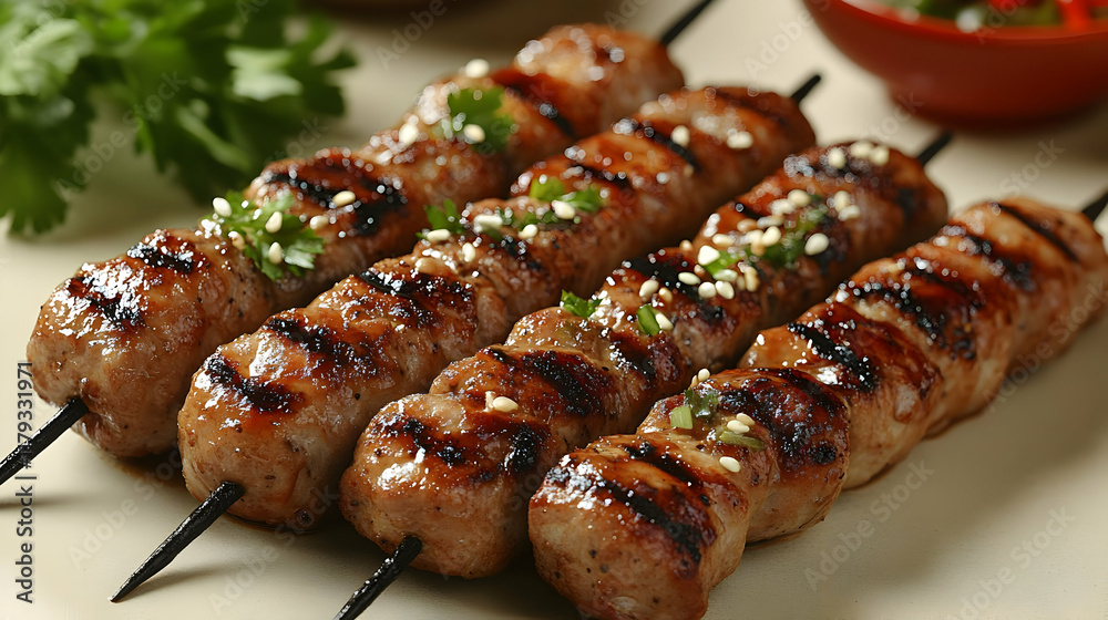 Four grilled pork skewers with sesame seeds and cilantro garnish. Four grilled pork skewers with sesame seeds and cilantro garnish.
