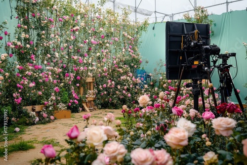 a camera set up in front of a flower garden