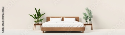 Elegant wooden bed with white linen and plants in a modern room