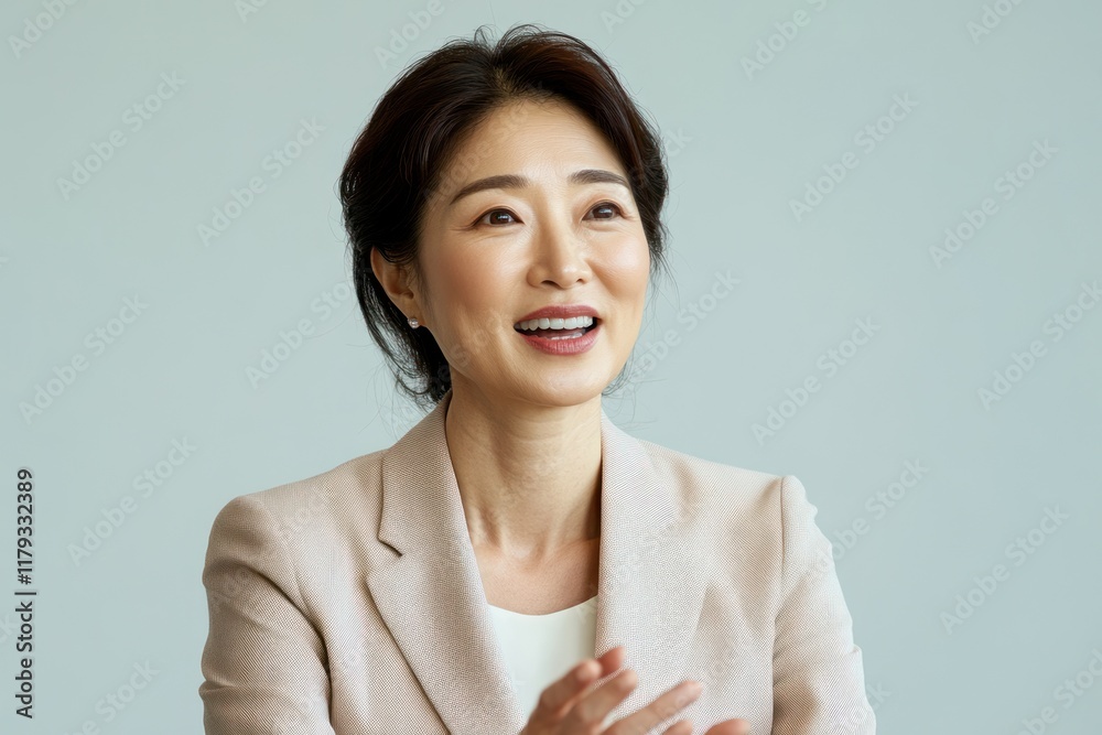 Happy Asian businesswoman smiling and looking away. Happy Asian businesswoman smiling and looking away.