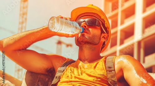 A construction worker takes a break to drink water on a hot day. photo