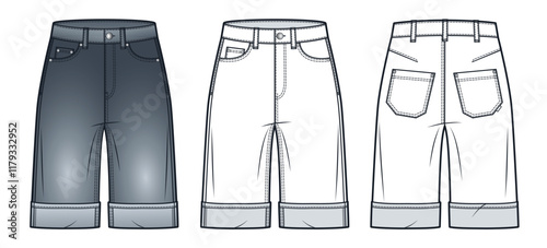 Denim Shorts technical fashion illustration. Short Pants fashion flat technical drawing template, pockets, front and back view, white, dark grey, women, men, unisex CAD mockup set.