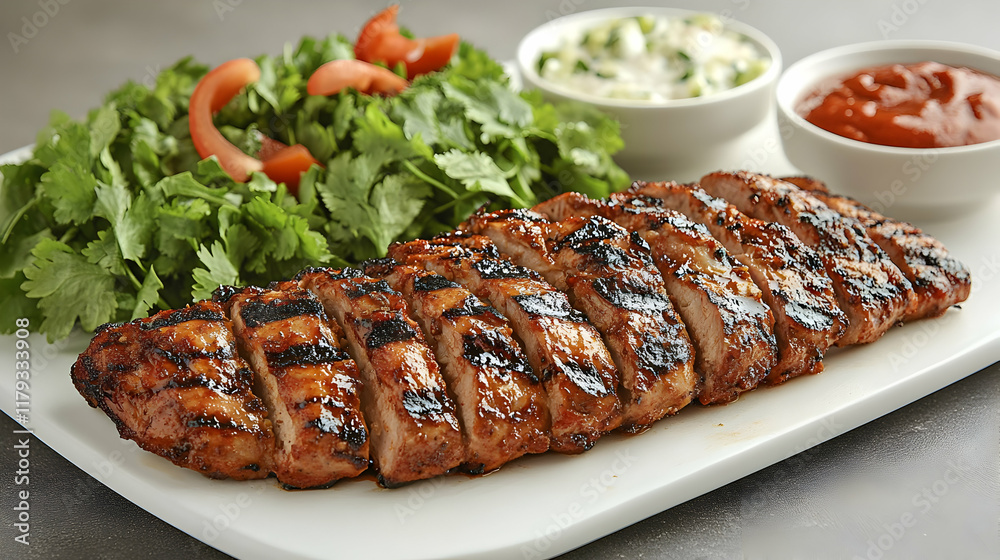 Grilled chicken breast sliced, served with fresh salad and two sauces on a white plate. Grilled chicken breast sliced, served with fresh salad and two sauces on a white plate.