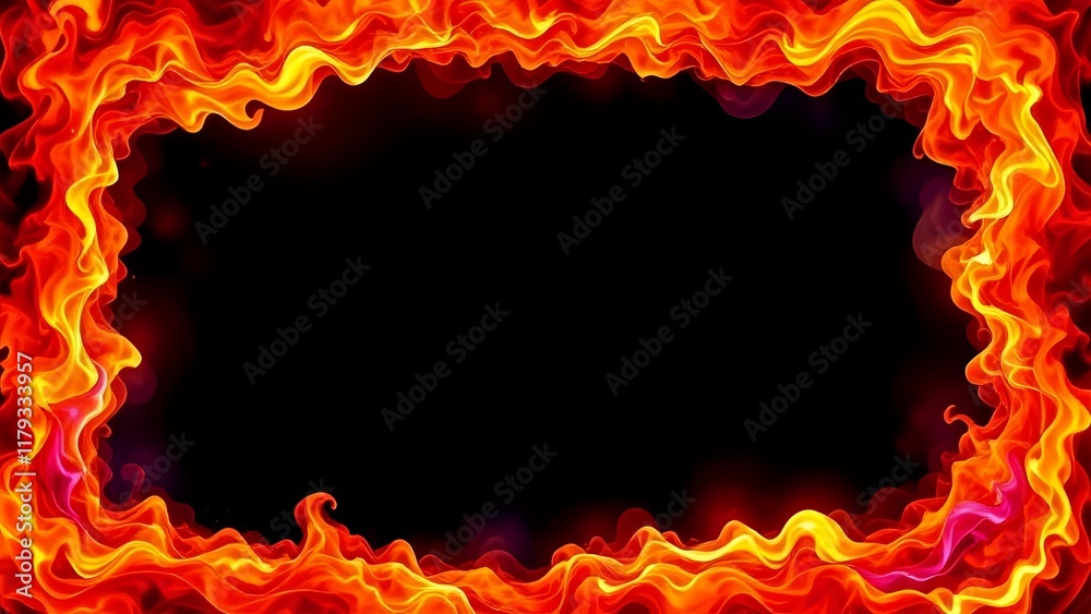 Fiery Frame with Intense Flames on Black Background Fiery Frame with Intense Flames on Black Background