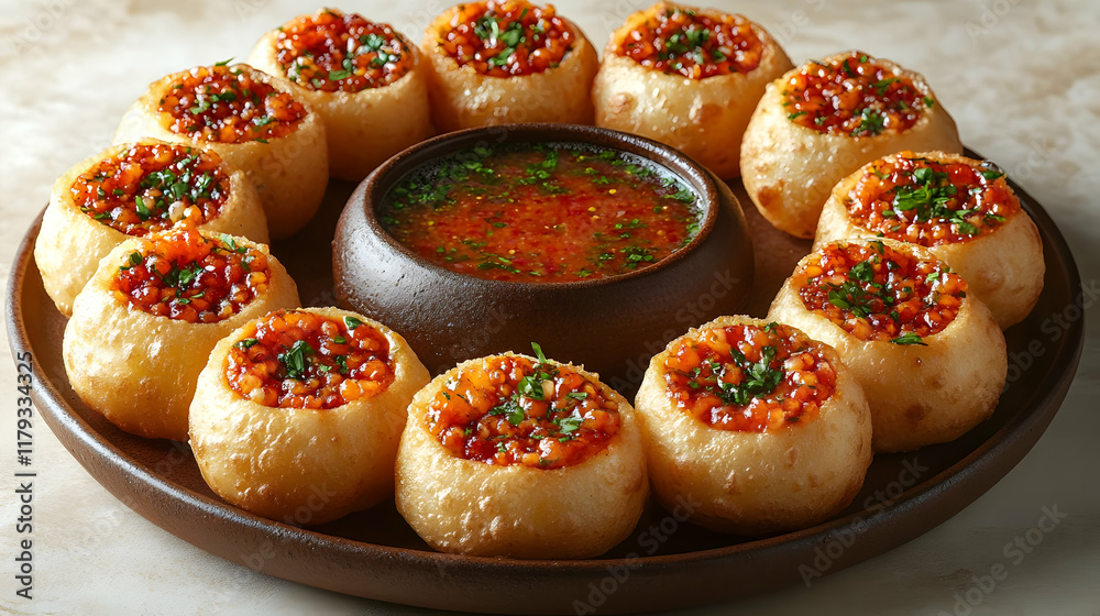 Delicious stuffed Indian bread arranged in a circle around a bowl of spicy sauce. Delicious stuffed Indian bread arranged in a circle around a bowl of spicy sauce.
