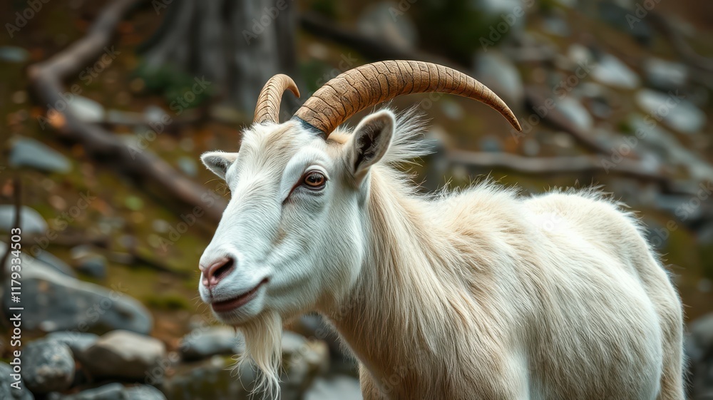 White mountain goat with impressive horns grazes near rocky terrain in a serene natural setting White mountain goat with impressive horns grazes near rocky terrain in a serene natural setting
