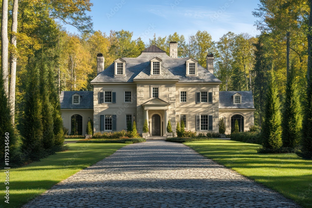 Fototapeta premium A Colonial home with perfect symmetry, surrounded by tall oak trees and a stone driveway