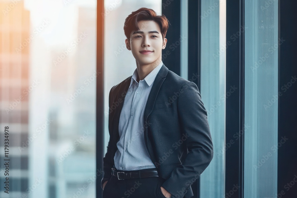 Fototapeta premium Confident young businessman standing near a window in a modern office building.