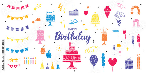 Happy Birthday doodle set. Sketch party decoration, gift box, cake, party. Hand drawn elements. Vector colorful silhouette illustration
