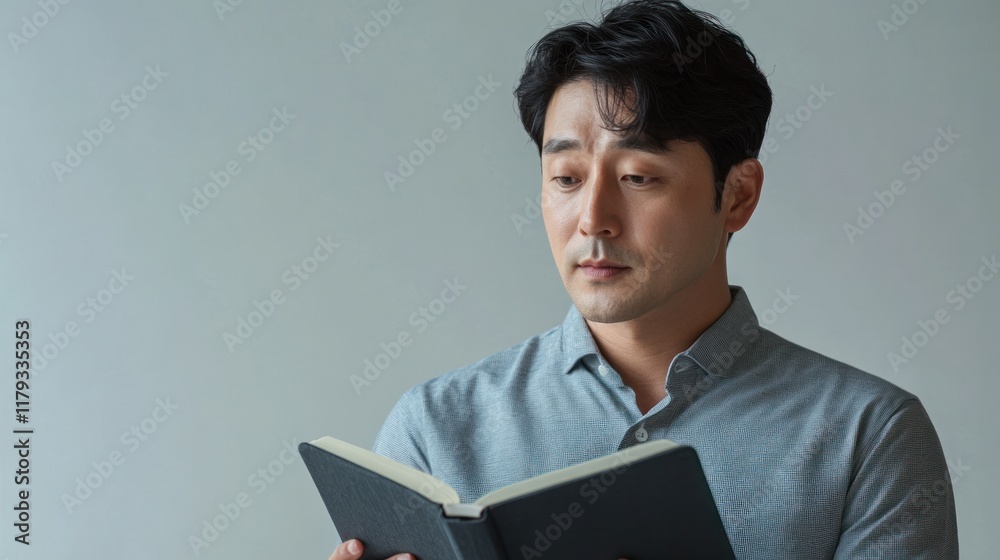 Focused Asian man engrossed in reading a book against a neutral background. Focused Asian man engrossed in reading a book against a neutral background.