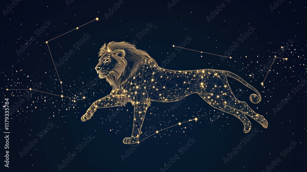 Majestic Leo constellation, celestial lion formed by sparkling stars against a dark night sky. Majestic Leo constellation, celestial lion formed by sparkling stars against a dark night sky.