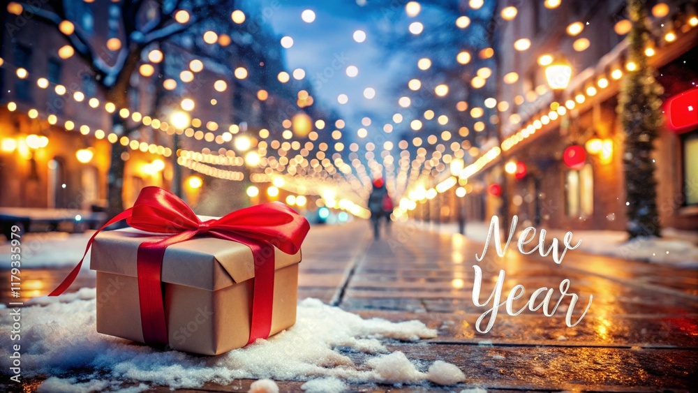 Gift box with a red ribbon in a festive winter street decorated with holiday lights. New Year greeting card
Gift box with a red ribbon in a festive winter street decorated with holiday lights. New Year greeting card